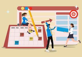 Business Task Management Concept. A group of diverse people making a task plan in a worksheet and calendar, pointing arrows to a target board illustration vector