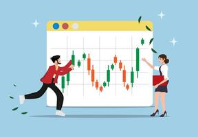 Investment analysis, web page showing investment graphic analysis. two young men are analyzing the graphic analysis. design concept and illustration vector