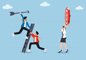 Business team work towards success target, developing the ladder to success, setting business goals, targets, goals and objectives, partnerships and teamwork to vector
