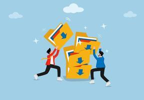 Business people secure storage folders, document ideas, file administration, and document file grouping into archive folders. Document discovery ideas or compression or online security. vector