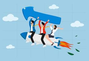 Teamwork, leadership to guide team to success, boost team productivity or innovation to succeed. Business people riding rocket, leader pointing direction. vector