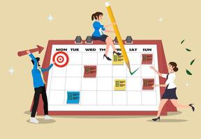 Business Planning Concept. A group of diverse people in business attire make notes on a calendar with tasks. Isolated on a background. vector