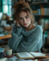Young woman in cozy sweater reflecting while surrounded by books in a serene room. photo