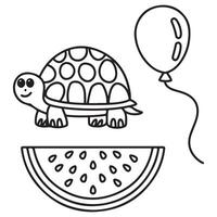 Balloon Turtle and Watermelon Slice Coloring Page for Kids vector