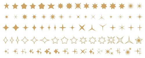 Big set of gold star shapes. Retro futuristic sparkle icons collection. Abstract golden design for wallpaper, decoration. Yellow sparkling stars, shiny flashes of fireworks. Symbol of holiday. vector