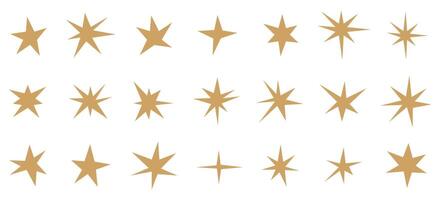 Set of gold star shapes. Retro futuristic sparkle icons collection. Abstract golden design for wallpaper, decoration. Yellow sparkling stars, shiny flashes of fireworks. Symbol of holiday. vector