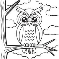 Bird Owl in Tree Coloring Page for Kids vector