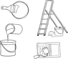 Painter tools composition set. graphic line ink illustration of step ladder, brushes, color cans, rollers and paint tray, isolated vector