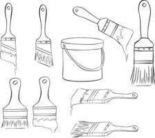 painter tools brushes with color can set. Isolated graphic line ink illustration on white background vector