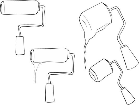 Paint roller brush with paint stroke set, graphic line ink illustration isolated