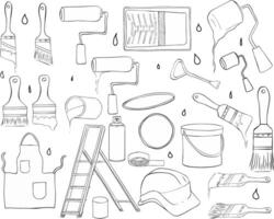 Painter tools set. graphic line ink illustration set isolated instruments symbols collection. Paint can opener, color can, apron, bucket, can, Brush, Roller, Paint tray, Masking tape, Ladder vector