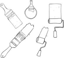 Paint rollers and brushes with strokes set. graphic line ink composition isolated on transparent background vector