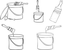 Painter tools composition set. Color cans with brushes and stroke. Graphic line ink illustration isolated on transparent background. vector