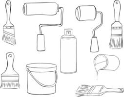 Set of painter rollers brushes, tools, color can and aerograph isolated. graphic line ink illustration vector