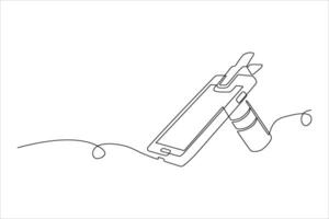 Minimalistic line drawing of a smartphone with a stylus and a coffee cup nearby vector