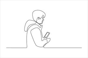 Side profile of a young person in a hoodie, holding a smartphone in a minimalistic style vector