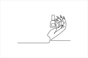 Minimalistic line art of a hand holding a nail polish bottle against a simple background vector