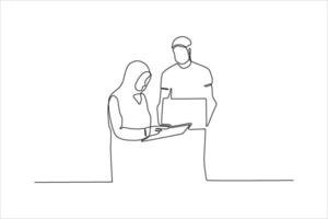 Two individuals engaged in a discussion over a document at a minimalistic workspace vector