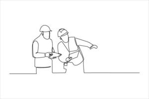 Two construction workers discussing plans on a job site, showcasing teamwork and focus vector