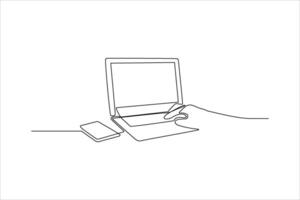 Minimalist line drawing of a hand using a laptop with a smartphone beside it vector