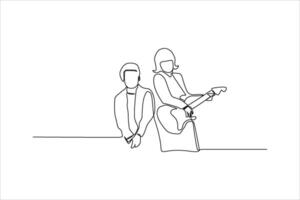 Minimalist line drawing of two musicians, one playing guitar, in a creative space vector