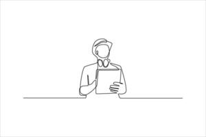 Minimalist illustration of a person wearing a gas mask and holding a tablet vector
