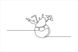 Minimalist line art of a cocktail glass with splashes, straw, and umbrella on a bar vector