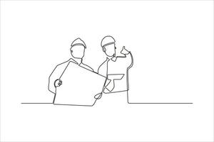 Two construction workers discussing plans at a job site with tools in hand vector