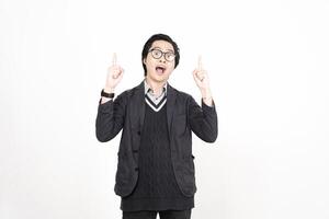 A man in glasses and a sweater is pointing up photo
