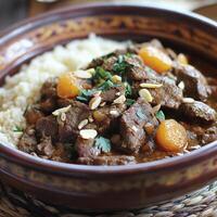 Savory beef stew with apricots and almonds served on a bed of fluffy couscous. photo