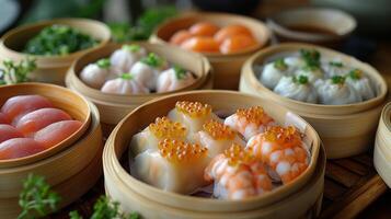 Delightful assortment of dim sum served in bamboo steamers at a lively market. photo
