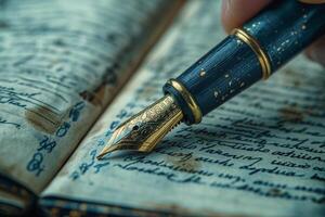 Writing a timeless letter with a golden fountain pen on aged parchment paper. photo