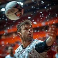 Intense moment of a player preparing to strike a volleyball during a vibrant indoor match. photo
