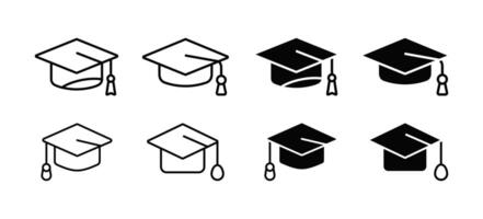 Graduation cap icons set. Outline, solid styles education, academic success icons vector