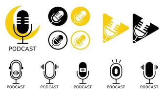 This image contains a collection of podcast logo designs, featuring microphone illustrations in various styles. The color scheme primarily consists of black and yellow, vector