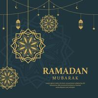 Ramadan kareem celebration with lanterns hanging and moon poster template design vector