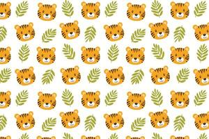 A pattern with tiger faces and leaves vector