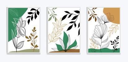 Botanical wall art blue color boho foliage line art drawing with abstract shape vector