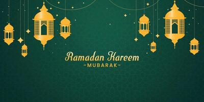 ramadan kareem greeting card with gold lanterns and stars on green background vector