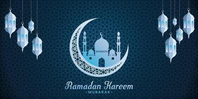 ramadan kareem greeting card with mosque and lanterns vector