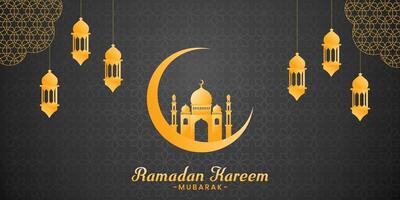 ramadan kareem greeting card with mosque and lanterns on black background vector