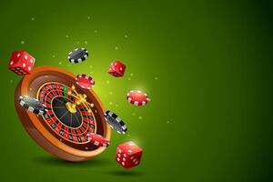Roulette wheel with chips poker and red dice on sparkling green background with copy space area vector