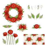 Bohemian style collection. Set of boho floral elements, composition, frame, bouquet, border, seamless pattern. Poppies. Hand drawn, wedding design vector