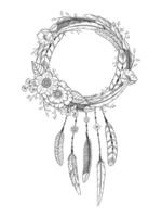 Dreamcatcher with feathers and flowers. Boho style. Hand drawn magic symbol. Black and white, suitable for coloring book. Bohemian collection vector