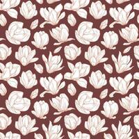 Seamless pattern with magnolia flowers. Blooming buds in sketch style on brown background. Imitation ink drawing. Spring floral design for textile, package, wedding decor vector