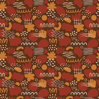 Seamless pattern with organic shapes dots, lines, spots, waves, flowers with doodles, in simple trendy style. Abstract design for textile, wall art, package, covers, flyers