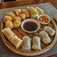 Delicious assortment of dumplings and spring rolls served on a wooden platter at a vibrant restaurant. photo
