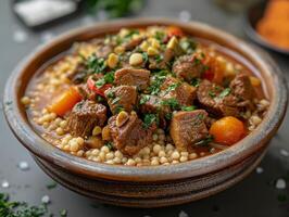 Savory dish of slow-cooked beef and vegetables served with couscous in a rustic bowl. photo