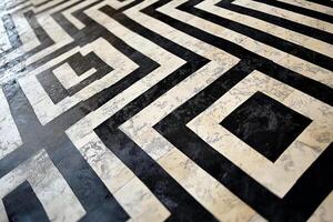 Intricate patterns on modern flooring create a striking visual contrast in a contemporary space. photo