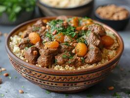 Savory lamb stew with apricots served on fluffy couscous in a rustic bowl. photo